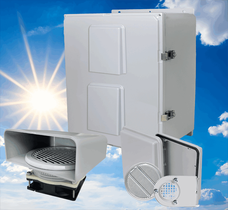 photo of an electtical closure with fans and ventilation system components with a sunny sky background